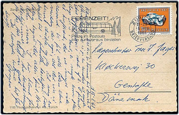 30+10 c. Pro Patria 1961 på brevkort fra Zürich d. 15.8.1961 til Gentofte, Danmark.