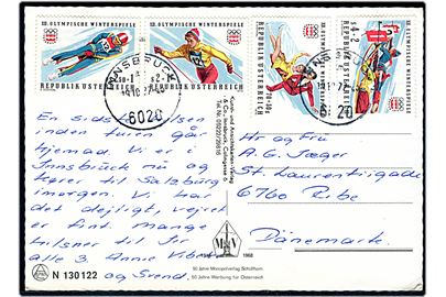 Komplet sæt Vinter OL i Innsbruck på brevkort fra Innsbruck d. 19.10.1977 til Ribe, Danmark.