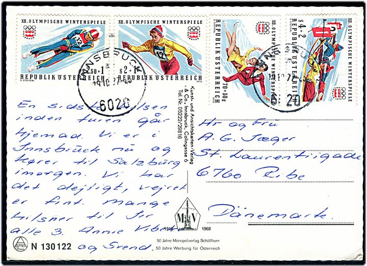Komplet sæt Vinter OL i Innsbruck på brevkort fra Innsbruck d. 19.10.1977 til Ribe, Danmark.