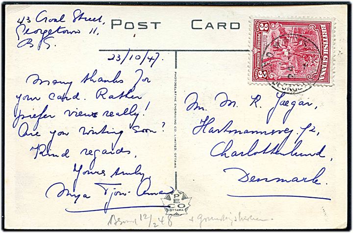 3 c på brevkort fra Georgetown d. 24.10.1947 til Charlottenlund, Danmark.