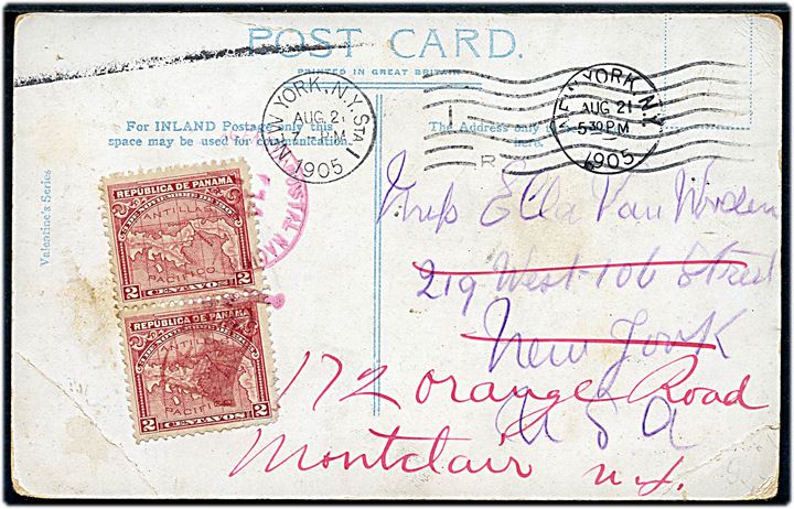 2 c. i parstykke på brevkort (Ferry Boat, Birkenhead) fra Panama 1905 til New York, USA - eftersendt til Montclair.