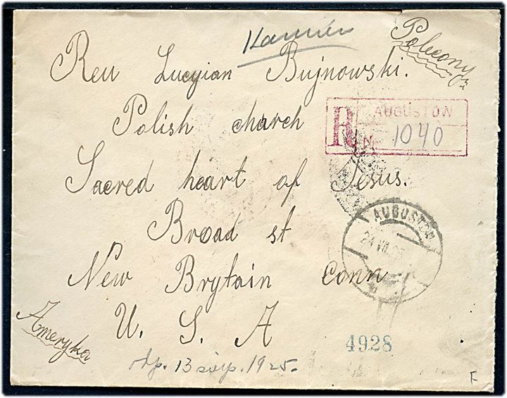 20 gr. Våben i vandret 3-stribe på bagsiden af anbefalet brev fra Agustow d. 24.7.1925 via New York til New Britain, Conn., USA.