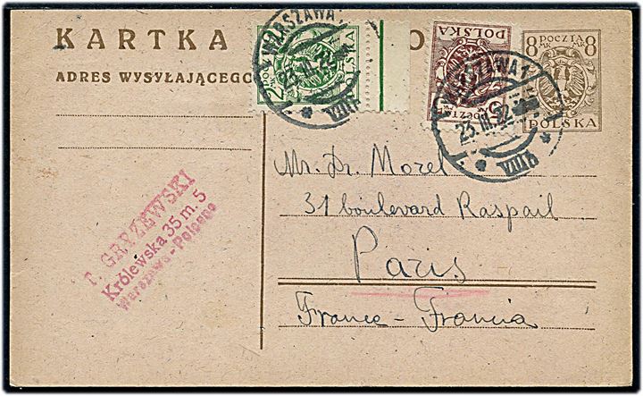 8 mk. helsagsbrevkort opfrankeret med 2 mk. og 5 mk. Våben fra Warszawa d. 23.3.1922 til Paris, Frankrig.