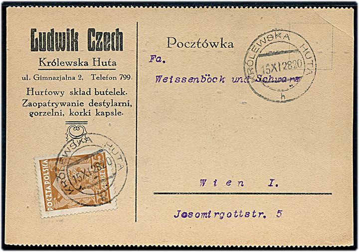 25 gr. Pilsudski udg. single på brevkort fra Krolewska Huta d. 15.11.1928 til Wien, Østrig.