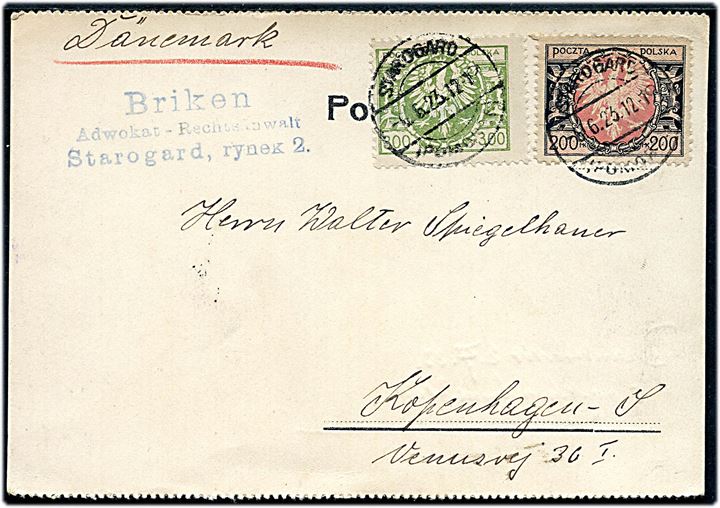 200 mk. og 300 mk. infla udg. på brevkort fra Starogard d. 5.6.1923 til København, Danmark.