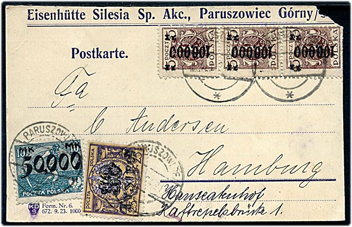 10.000/25 mk., 50.000/10 mk. og 100.000/5 mk. (3) Infla provisorium på 360.000 mk. frankeret brevkort fra Paruszowice d. 16.1.1924 til Hamburg, Tyskland. Hjørneskade.