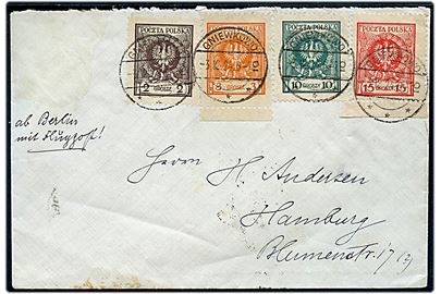 2 gr., 3 gr., 10 gr. og 15 gr. Våben på luftpostbrev påskrevet ab Berlin mit Luftpost fra Gniewkowo d. 3.12.1924 til Hamburg, Tyskland.