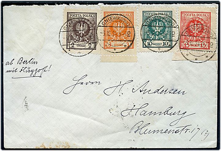 2 gr., 3 gr., 10 gr. og 15 gr. Våben på luftpostbrev påskrevet ab Berlin mit Luftpost fra Gniewkowo d. 3.12.1924 til Hamburg, Tyskland.