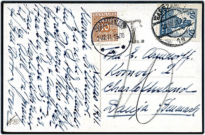 30 gr. på underfrankeret brevkort fra Warszawa d. 22.12.1931 til Charlottenlund, Danmark. Udtakseret i porto med 10 øre Portomærke stemplet Charlottenlund d. 24.12.1931.