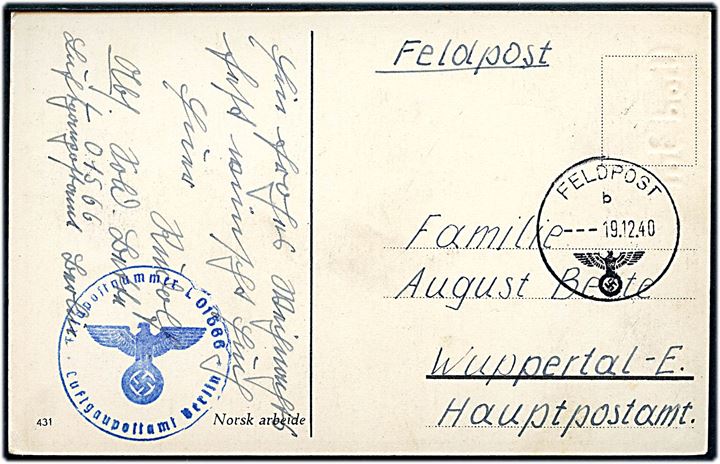 Ufrankeret tysk feltpostkort (Norsk Julekort) stemplet Feldpost d. 19.12.1940 til Wuppertal, Tyskland. Blåt briefstempel: Feldpostnummer L 01566 * Luftgaupostamt Berlin * (= 5. Batterie Reserve-Flak-Abteilung 223).
