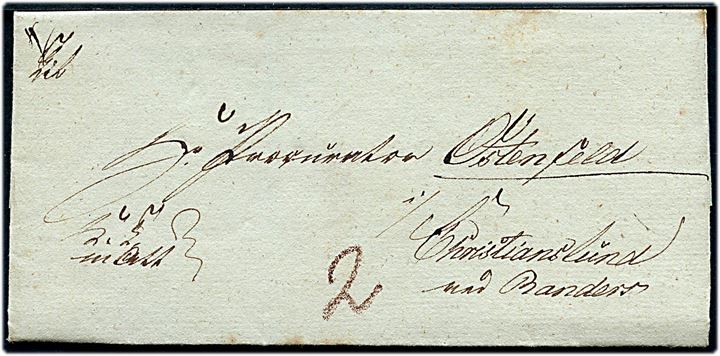 1832. Tjenestebrev mærket K.T. m. Att. med indhold fra Viborg Stift d. 6.2.1832 til Ostenfeld på Christianslund ved Randers. Påskrevet 2 sk. bærepenge.