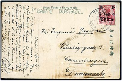 4 cents China/10 pfg. Provisorium på brevkort (The Bureau of Submarine Cable, Chefoo) annulleret Tschifu Deutsche Post d. 30.1.1910 til København, Danmark.