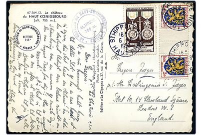 3 fr. i parstykke med mellemstykke og 15 pfg. Militærmedalje på brevkort fra St. Hippolite d. 6.8.1952 til London, England. 