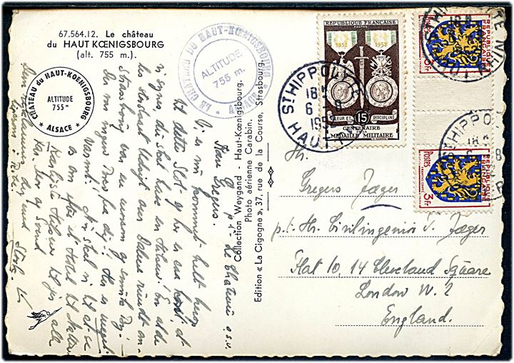 3 fr. i parstykke med mellemstykke og 15 pfg. Militærmedalje på brevkort fra St. Hippolite d. 6.8.1952 til London, England. 