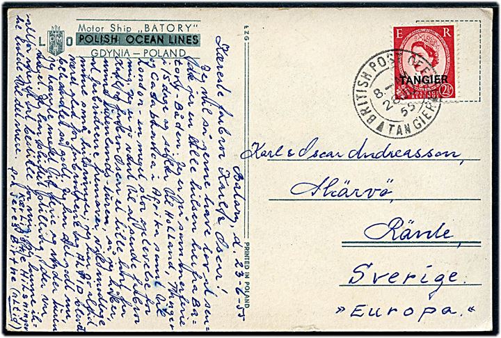 2½d Elizabeth Tangier Provisorium på brevkort (M/S Batory) dateret ombord på det polske motorskib Batory og stemplet British Post Office Tangier d. 28.6.1955 til Skärvö, Ränte, Sverige.