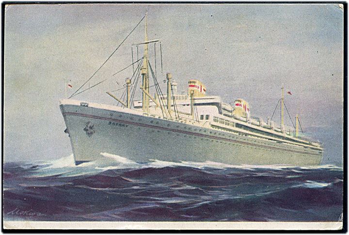 2½d Elizabeth Tangier Provisorium på brevkort (M/S Batory) dateret ombord på det polske motorskib Batory og stemplet British Post Office Tangier d. 28.6.1955 til Skärvö, Ränte, Sverige.