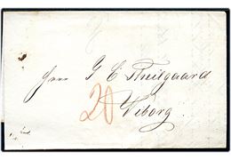1850. Portobrev med blåligt antiqua Kjøbenhavn d. 12.5.1850 til Viborg. Påskrevet 20 sk. porto.