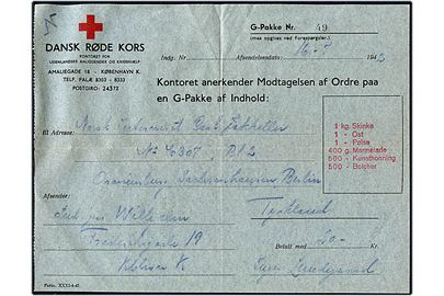 5 øre Bølgelinie på kvittering for afsendt pakke sendt som tryksagskort fra Dansk Røde Kors sendt lokalt i København d. 5.7.1942 og eftersendt til Sønderho, Fanø. Medfølger kvittering fra Dansk Røde Kors d. 16.7.1942 for afsendelse af pakke til norsk interneret i Oranienburg, Sachsenhausen, Tyskland.