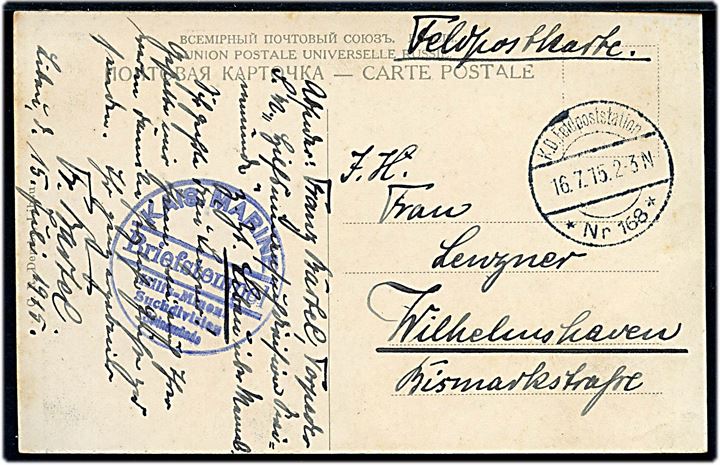 Ufrankeret feltpostkort fra Libau stemplet K.D.Feldpoststation nr. 168 d. 16.7.1915 til Wilhelmshaven. Briefstempel: Kais. Marine / Hilfsminen-Suchdivision Swinemünde. 