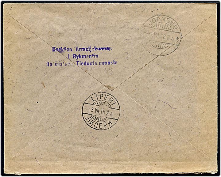 Ufrankeret feltpostbrev påskrevet Kenttäposti fra Joensuu d. 2.7.1918 til Liperi - eftersendt. På bagsiden militært stempel: Karjalan Armeijakunta / I Rykmantin. Sjælden ufrankeret feltpostbrev fra den finske frihedskrig.