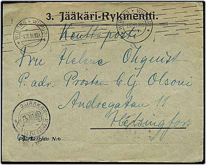 Ufrankeret fortrykt kuvert fra 3. Jääkäri-Rykmentti (3. Jæger Regiment) sendt som feltpost (Kenttäposti) under den finske borgerkrig fra Wiborg d. 1.7.1918 til Helsingfors. Sort afd.-stempel fra 3. Jääkäri-Kykmentti og på bagsiden håndskrevet afsender. 