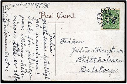5 öre Gustaf på brevkort annulleret med bureaustempel PLK 296C (= Falun - Kil) d. 16.2.1915 til Dalstorp. 