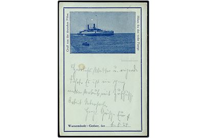 Hilsen fra den tyske færge. 2-sproget reklamekort fra Gedser-Warnemünde overfarten frankeret med dansk 25 øre Chr. X stemplet Gedser 1924 til Bayern, Tyskland.