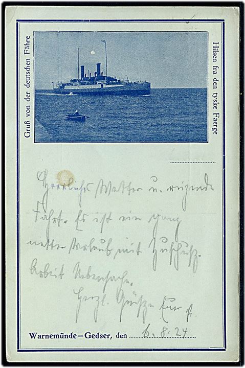 Hilsen fra den tyske færge. 2-sproget reklamekort fra Gedser-Warnemünde overfarten frankeret med dansk 25 øre Chr. X stemplet Gedser 1924 til Bayern, Tyskland.