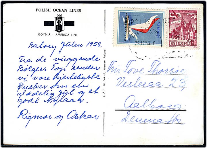 Batory, M/S, Polish Ocean Lines. Frankeret med polske mærker og annulleret med skibsstempel Polish Ocean Lines M/S Batory d. 22.12.1958 til Aalborg, Danmark. Lille rift.