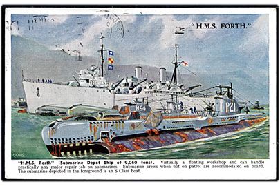 HMS Forth, ubådsdepotskib med undervandsbådene N94, P14 & P21. Valentine's Royal Navy no. 5044.