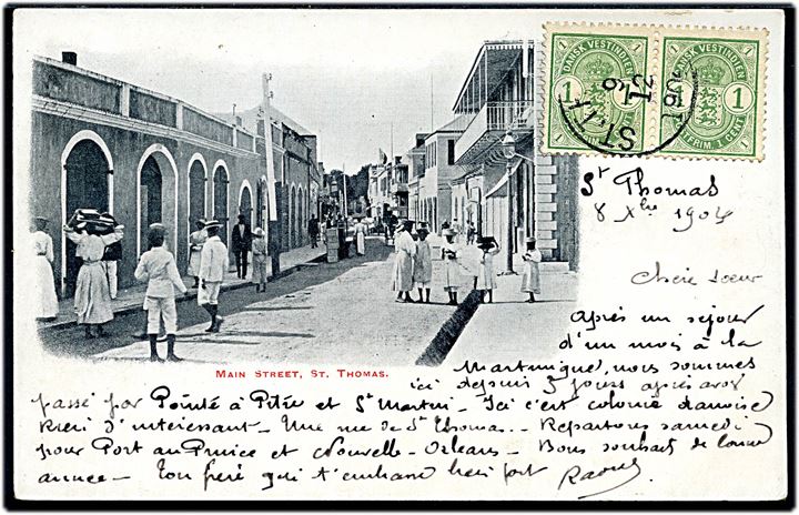 D.V.I., St. Thomas, Main Street. U/no. Frankeret med 1 cent Våben i parstykke fra St. Thomas d. 9.12.1904 til Bournezeau, Frankrig.