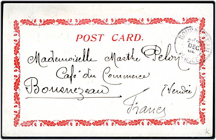 D.V.I., St. Thomas, Main Street. U/no. Frankeret med 1 cent Våben i parstykke fra St. Thomas d. 9.12.1904 til Bournezeau, Frankrig.