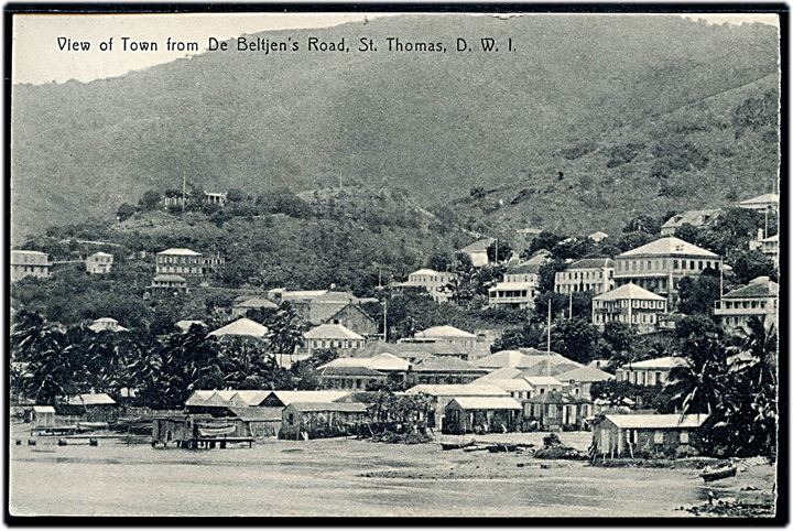 D.V.I., St. Thomas, View of Town from De Beltjen's Road. Lightbourn u/no. Frankeret med 25 bit Fr. VIII fra St. Thomas d. 21.11.1912 til Lübben i/R., Tyskland.