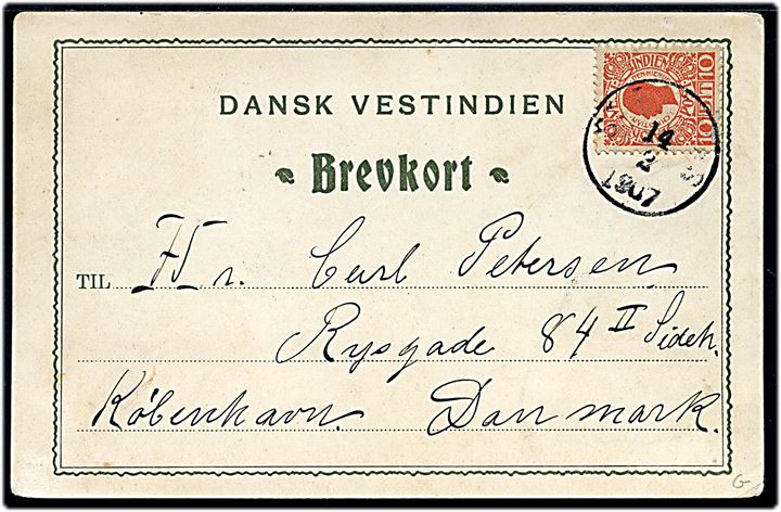 D.V.I., St. Thomas, Market. Frankeret med 10 bit Chr. IX stemplet St. Thomas d. 14.2.1907 til København, Danmark.