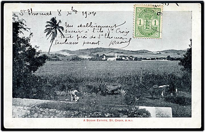 D.V.I., St. Croix, Sugar estate. U/no. Frankeret med 1 cent Våben på billedsiden, et mærke mangler.