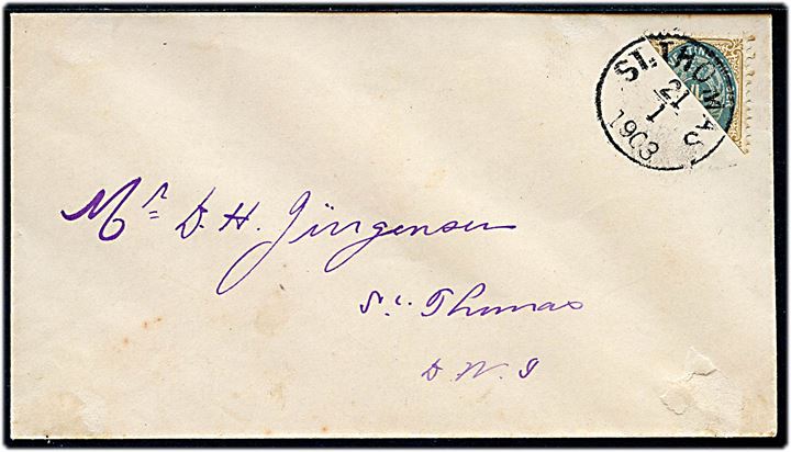 Halveret 4 cents Tofarvet på lokalbrev i St. Thomas d. 21.1.1903.