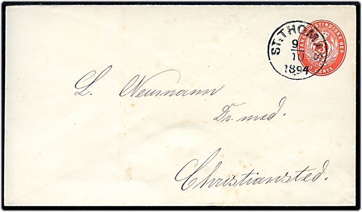 3 cents helsagskuvert stemplet St: Thomas d. 9.10.1894 til Christiansted på St. Croix.