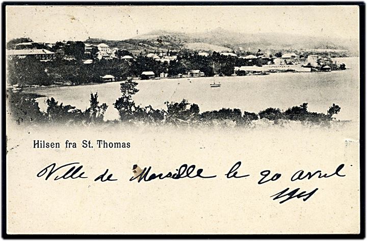 3 cents Tofarvet omv. rm. på brevkort (Hilsen fra St. Thomas) stemplet St: Thomas d. 19.4.1901 via Le Havre til Compiegne, Frankrig.