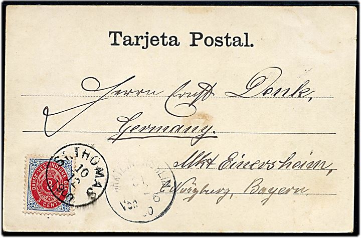 3 cents Tofarvet omv. rm. på brevkort (Havneparti fra St. Juan, Puerto Rico) fra St: Thomas d. 10.12.1900 til Markt Einersheim, Tyskland.