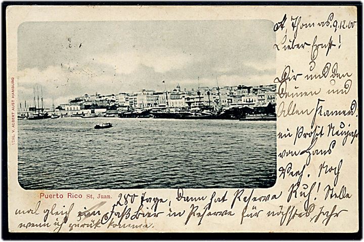 3 cents Tofarvet omv. rm. på brevkort (Havneparti fra St. Juan, Puerto Rico) fra St: Thomas d. 10.12.1900 til Markt Einersheim, Tyskland.