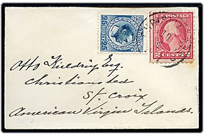 25 bit Chr. IX og amerikansk 2 cents Washington på filatelistisk blandingsfrankeret lille lokalbrev i overgangsperioden stemplet i Christiansted d. 10.4.1917. 