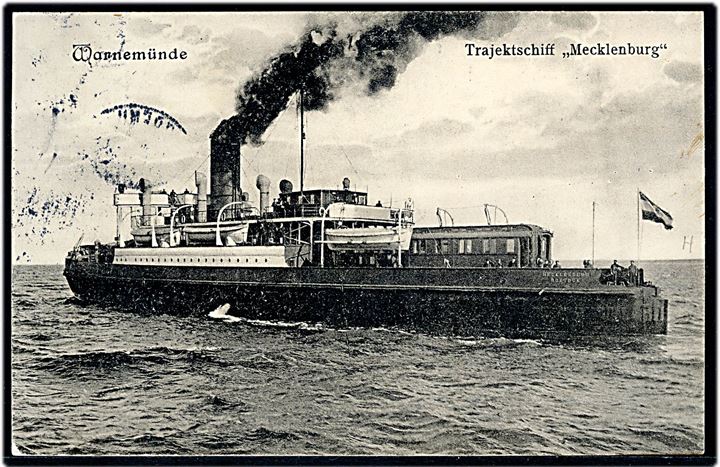Tysk 5 pfg. Germania i parstykke på brevkort (Warnemünde, færgen Mecklenburg) annulleret med dansk bureaustempel Kjøbenhavn - Nykjøbing F. T.92 d. 21,9,1912 til Ballenstedt, Tyskland.