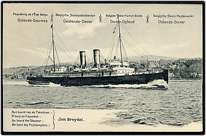 Jan Breydel, S/S, Belgisk færge Dover-Ostend. 10 c. illustreret helsagsbrevkort. Ubrugt.