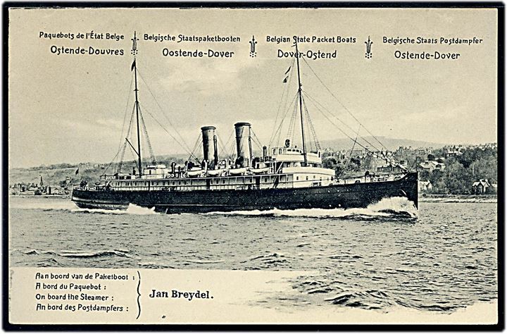 Jan Breydel, S/S, Belgisk færge Dover-Ostend. 10 c. illustreret helsagsbrevkort. Ubrugt.