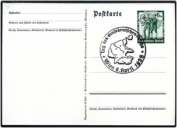 Anschluss - landkort med Hitler. 13. März 1938 - Ein Volk Ein Reich Ein Führer. 6 pfg. illustreret helsagsbrevkort stemplet Wien d. 9.4.1938.
