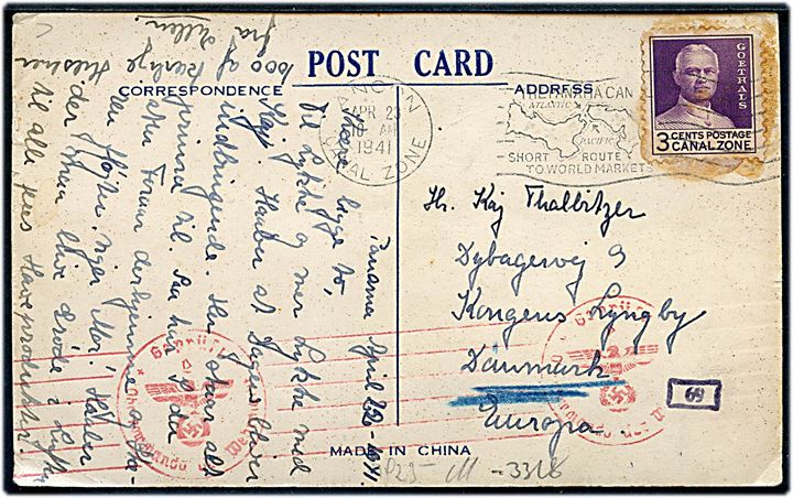 Fisker - fremstillet af frimærker på kinesisk postkort sendt fra Ancon, Panama Canal Zone d. 23.4.1941 til Danmark. Tysk censur.