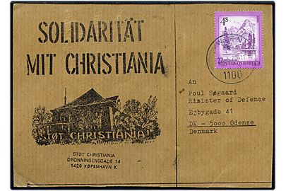 Støt Christiania - Solidarität mit Christiania. Tysksproget protestkort sendt fra Wien i Østrig d. 22.6.1978 til forsvarsminister Poul Søgaard i Odense, Danmark.