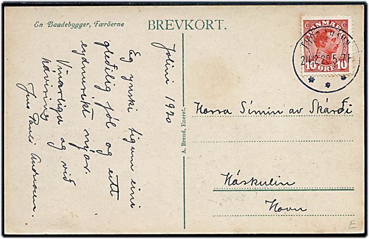 Færøerne, Bådebygger. A. Brend u/no. Frankeret med 10 øre Chr. X annulleret brotype IIIb Thorshavn d. 24.12.1920.