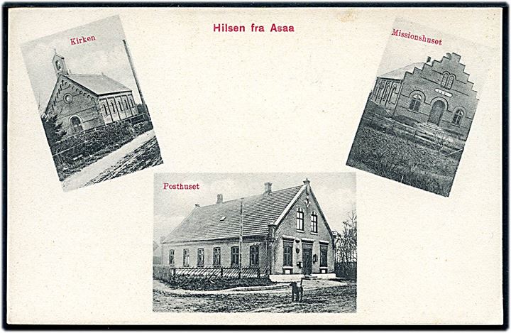 Asaa, Hilsen fra med posthus, kirke og missionshuset. J.J.N. no. 1698.