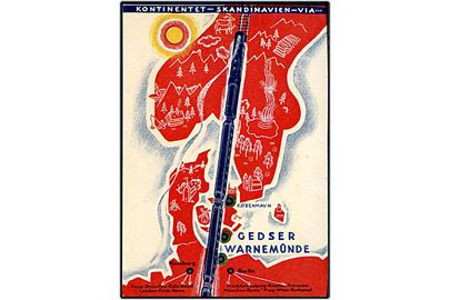 Kontinentet Skandinavien med Tog. Udgivet af de Dansk Statsbaner Juli 1932. Frankeret med 7 øre Bølgelinie og annulleret med tysk skibsstempel Deutsche Seepost Gjedser - Warnemünde Fh. d. 4.10.1934 til Leipzig, Tyskland.